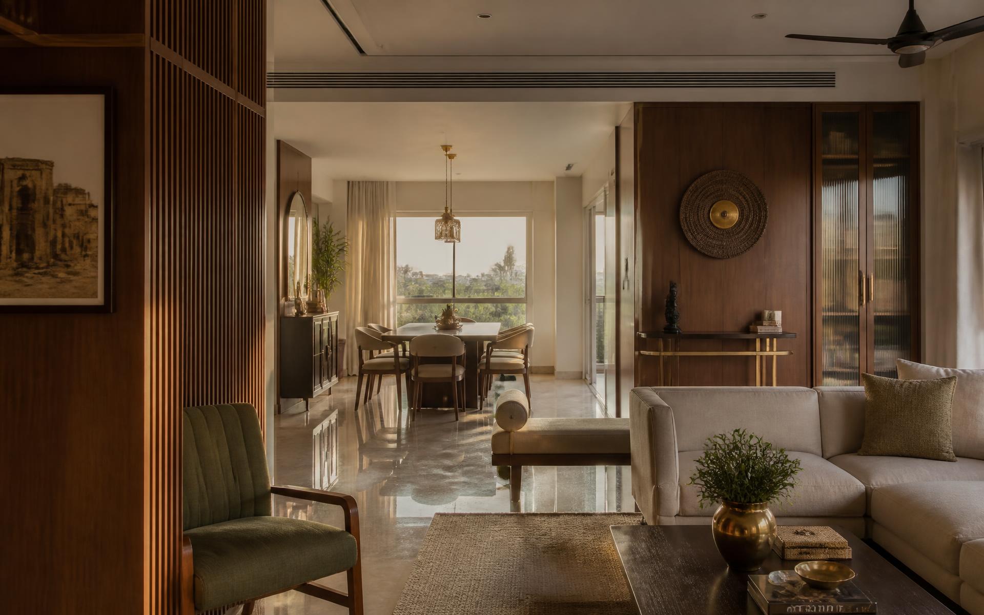 Premium living room interior with walnut panelling and warm evening light